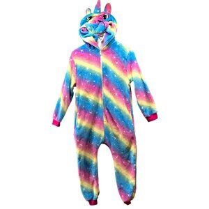 Girls Size 6-7 (120) Unicorn Pajama Jumpsuit Plush Rainbow Hooded One Piece